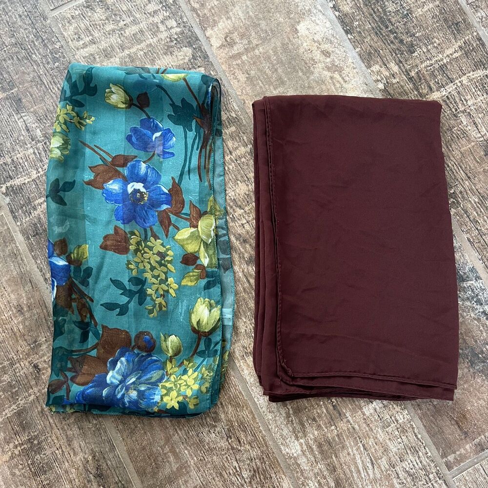 Scarf Set -- Teal Floral 13"x62" & Solid Brown rectangle 26"x68" Head Neck Shawl